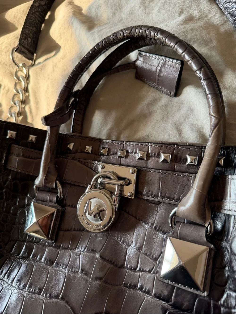 Michael Kors Stud-Trim Croc-Embossed Leather Tote in Dark Brown